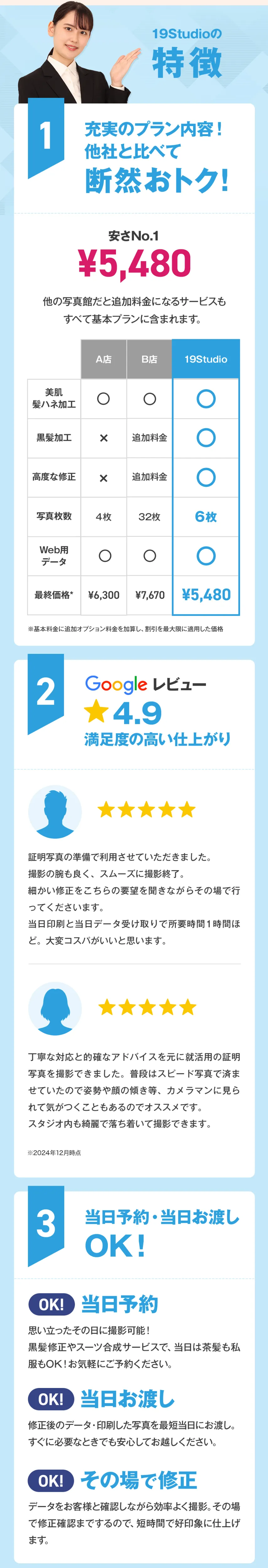 19Studioは他社と比べて断然おトクな5480円から撮影可能。美肌加工や黒髪加工、Web用データなどもすべて基本プランに含まれます。Googleレビューは4.9で満足度の高い仕上がり。当日予約・当日お渡しOKで短時間で好印象な写真が仕上がります