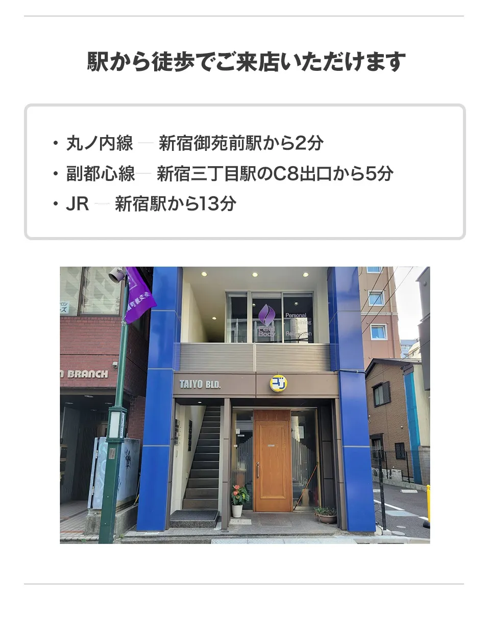 駅から徒歩でご来店いただけます。丸ノ内線新宿御苑前駅から徒歩2分・副都心線新宿三丁目駅のC8出口から5分・JR新宿駅から13分